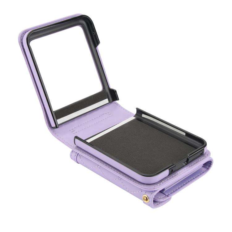 For Motorola Razr 60 Ultra Splicing Rhombic Texture Phone Case with Long & Short Lanyard(Purple)
