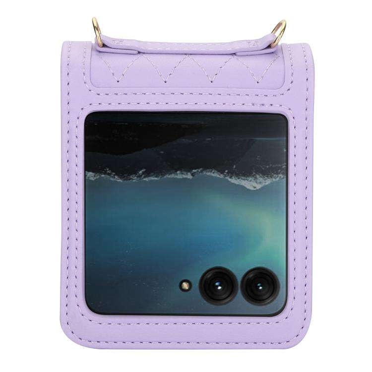 For Motorola Razr 60 Ultra Splicing Rhombic Texture Phone Case with Long & Short Lanyard(Purple)