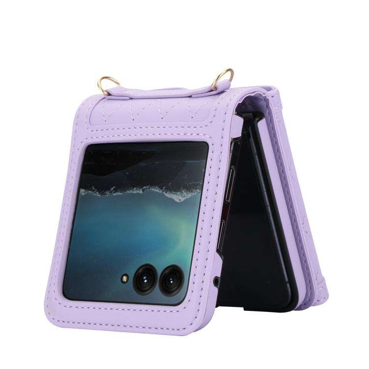 For Motorola Razr 60 Ultra Splicing Rhombic Texture Phone Case with Long & Short Lanyard(Purple)