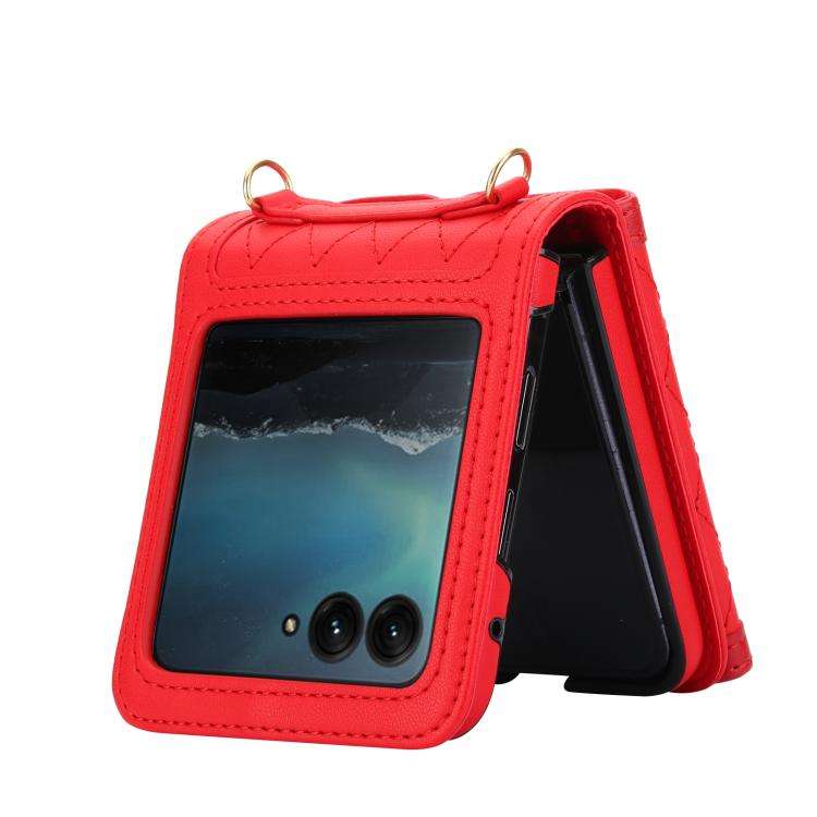 For Motorola Razr 60 Ultra Splicing Rhombic Texture Phone Case with Long & Short Lanyard(Red)