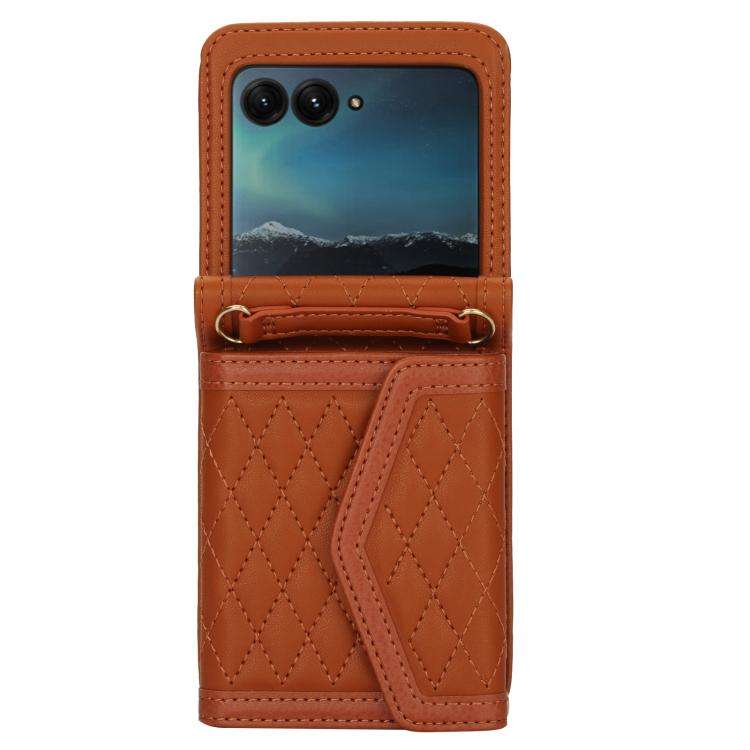 For Motorola Razr 60 Ultra Splicing Rhombic Texture Phone Case with Long & Short Lanyard(Brown)