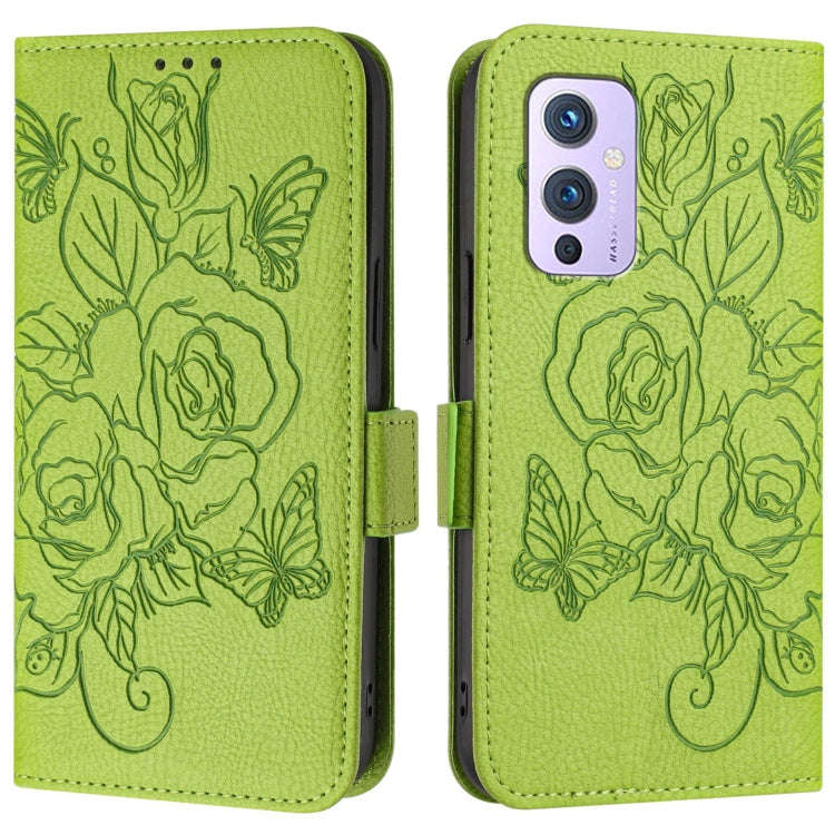 For OnePlus 9 Embossed Rose RFID Anti-theft Leather Phone Case(Green)