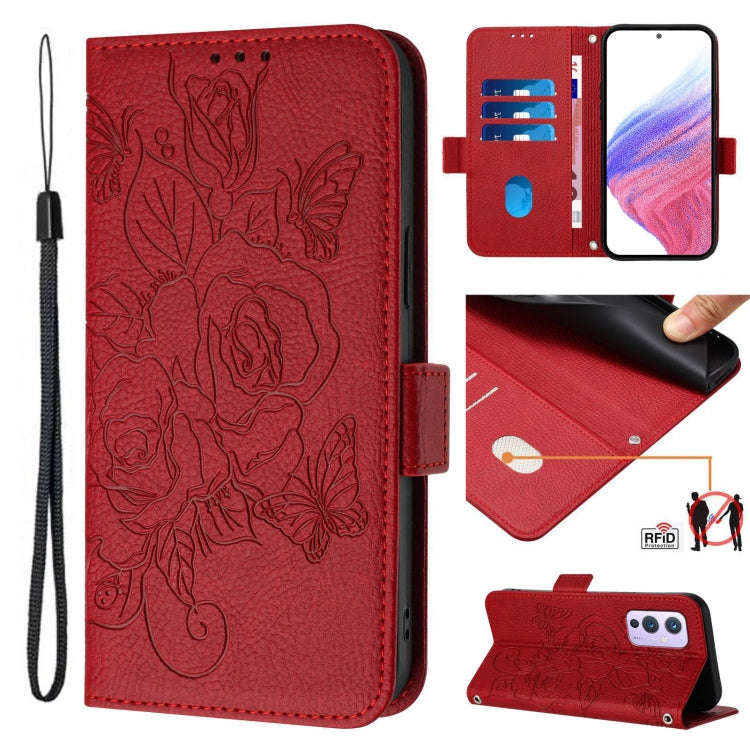 For OnePlus 9 Embossed Rose RFID Anti-theft Leather Phone Case(Red)