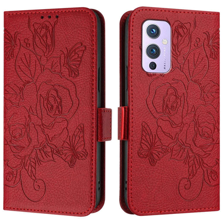 For OnePlus 9 Embossed Rose RFID Anti-theft Leather Phone Case(Red)