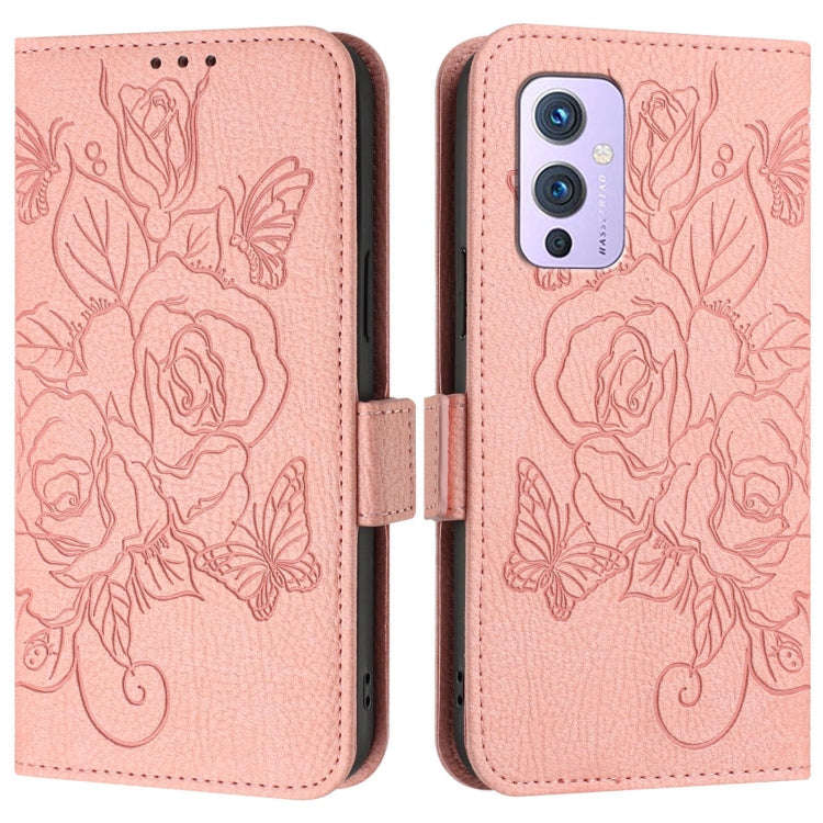 For OnePlus 9 Embossed Rose RFID Anti-theft Leather Phone Case(Pink)