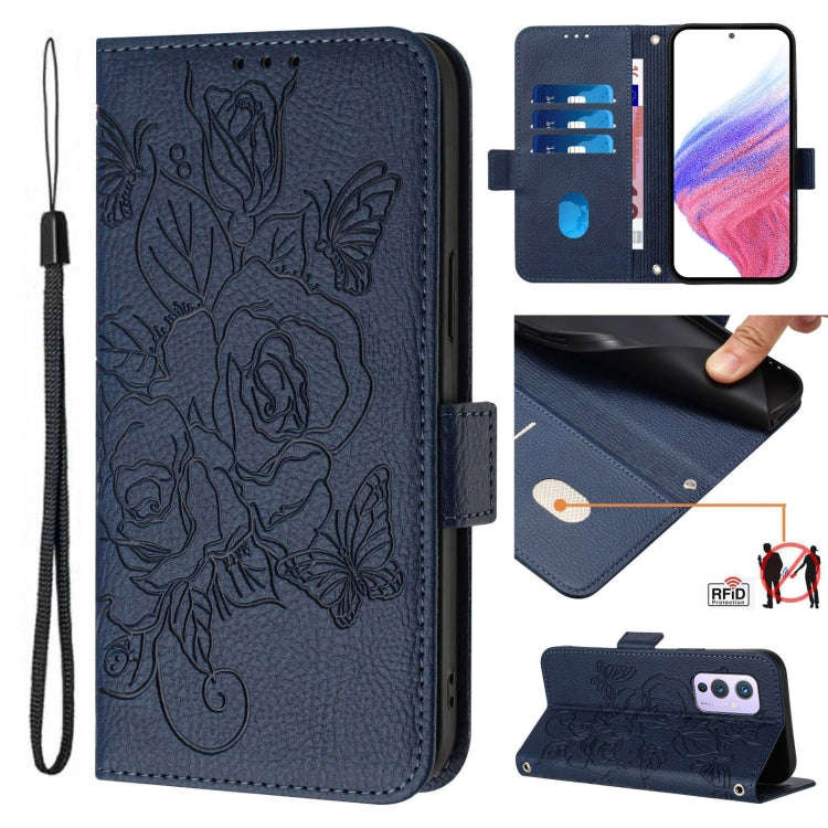 For OnePlus 9 Embossed Rose RFID Anti-theft Leather Phone Case(Dark Blue)