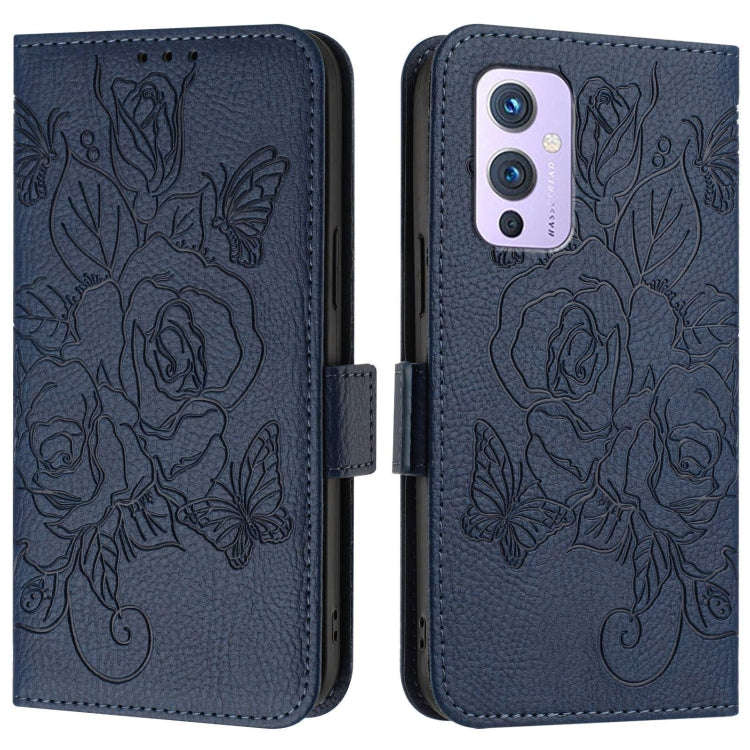 For OnePlus 9 Embossed Rose RFID Anti-theft Leather Phone Case(Dark Blue)