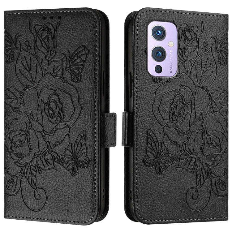 For OnePlus 9 Embossed Rose RFID Anti-theft Leather Phone Case(Black)