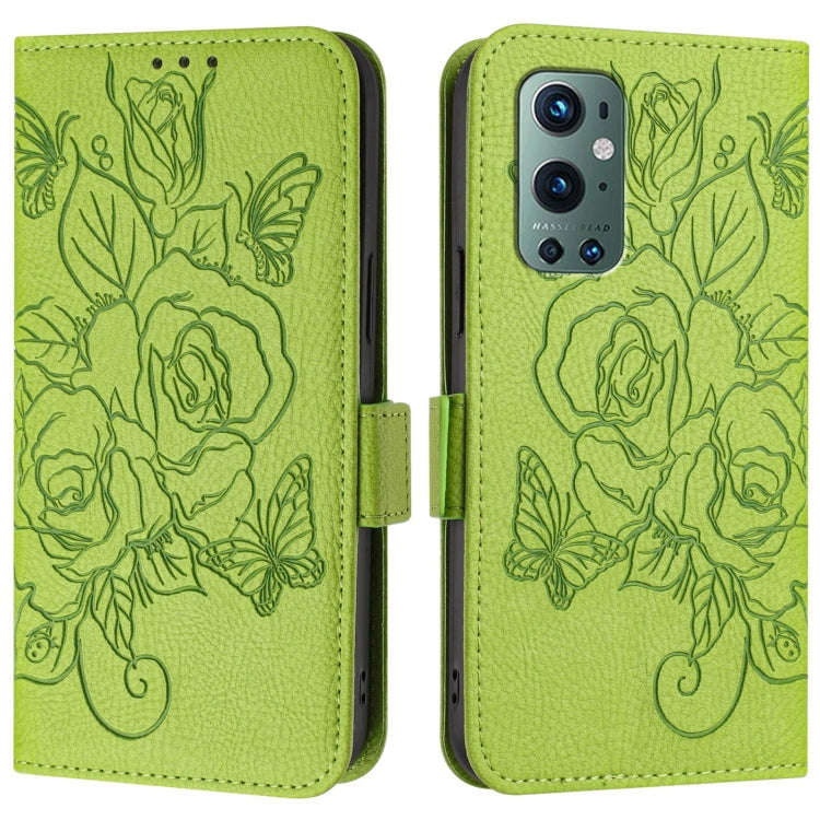 For OnePlus 9 Pro Embossed Rose RFID Anti-theft Leather Phone Case(Green)