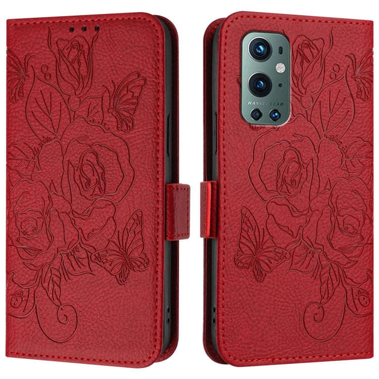 For OnePlus 9 Pro Embossed Rose RFID Anti-theft Leather Phone Case(Red)