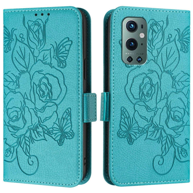 For OnePlus 9 Pro Embossed Rose RFID Anti-theft Leather Phone Case(Light Blue)