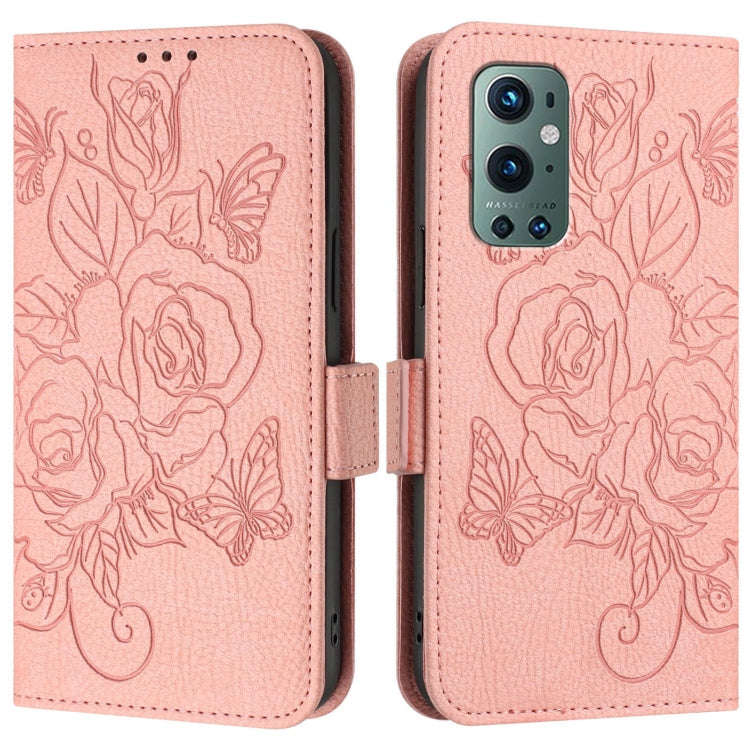 For OnePlus 9 Pro Embossed Rose RFID Anti-theft Leather Phone Case(Pink)