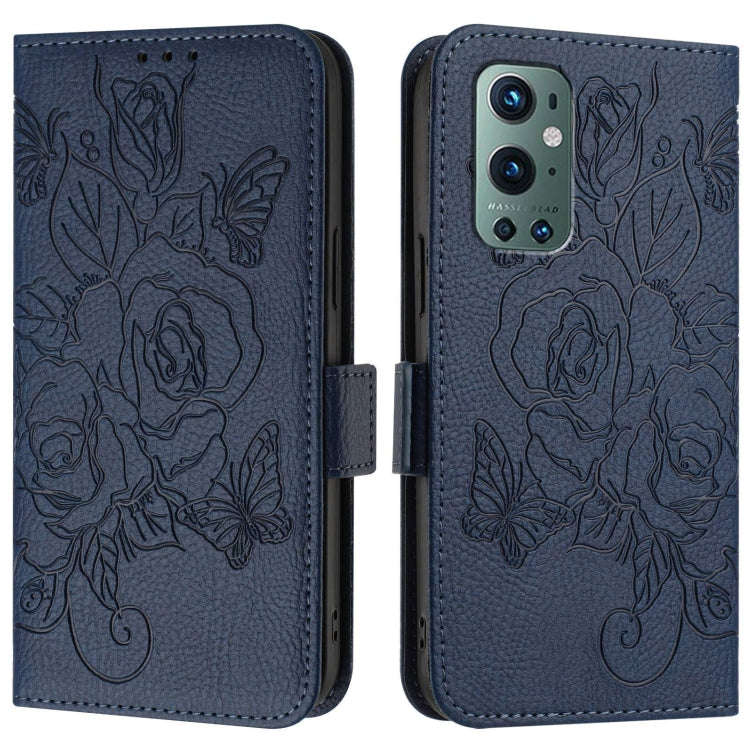 For OnePlus 9 Pro Embossed Rose RFID Anti-theft Leather Phone Case(Dark Blue)