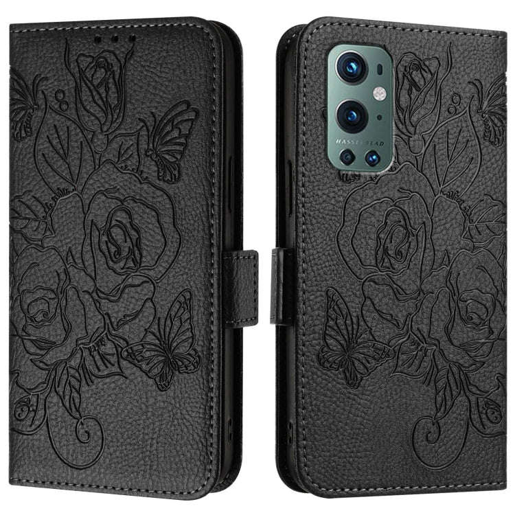 For OnePlus 9 Pro Embossed Rose RFID Anti-theft Leather Phone Case(Black)