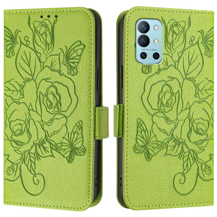 For OnePlus 9R / 8T Embossed Rose RFID Anti-theft Leather Phone Case(Green)