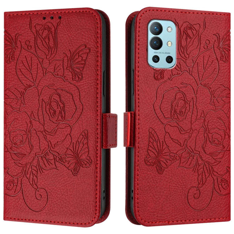 For OnePlus 9R / 8T Embossed Rose RFID Anti-theft Leather Phone Case(Red)