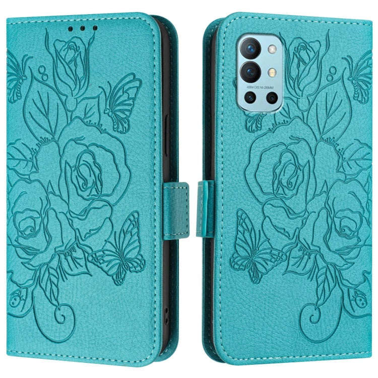 For OnePlus 9R / 8T Embossed Rose RFID Anti-theft Leather Phone Case(Light Blue)
