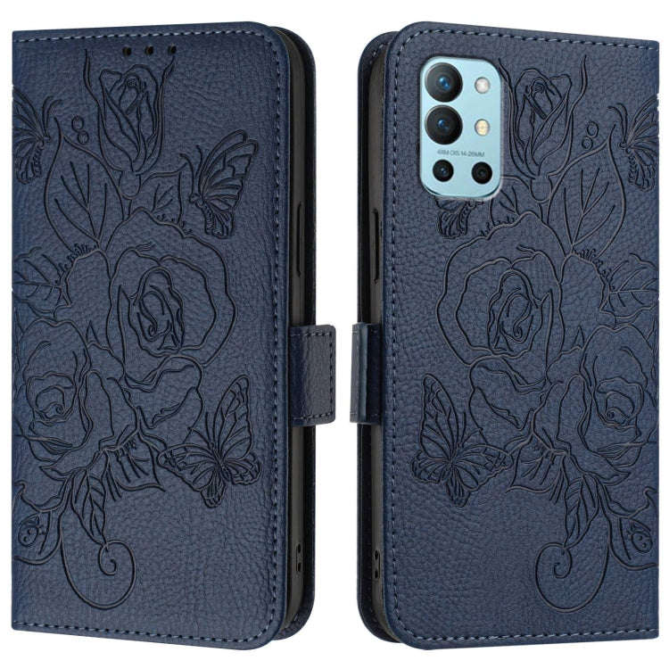 For OnePlus 9R / 8T Embossed Rose RFID Anti-theft Leather Phone Case(Dark Blue)