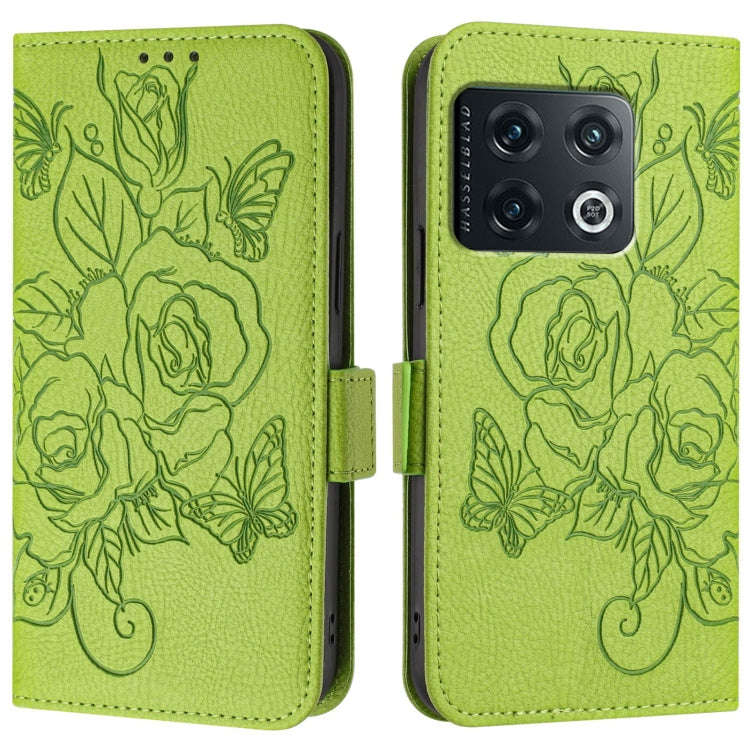 For OnePlus 10 Pro 5G Embossed Rose RFID Anti-theft Leather Phone Case(Green)