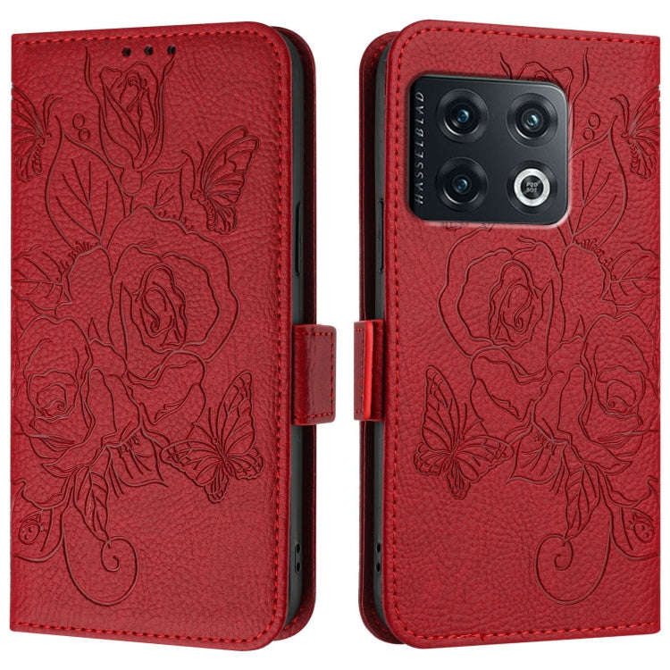 For OnePlus 10 Pro 5G Embossed Rose RFID Anti-theft Leather Phone Case(Red)
