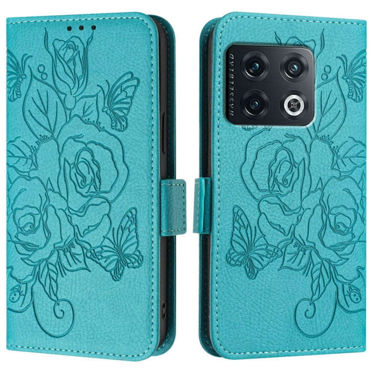 For OnePlus 10 Pro 5G Embossed Rose RFID Anti-theft Leather Phone Case(Light Blue)