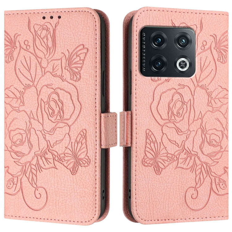 For OnePlus 10 Pro 5G Embossed Rose RFID Anti-theft Leather Phone Case(Pink)