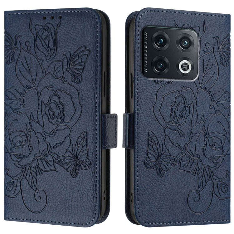 For OnePlus 10 Pro 5G Embossed Rose RFID Anti-theft Leather Phone Case(Dark Blue)