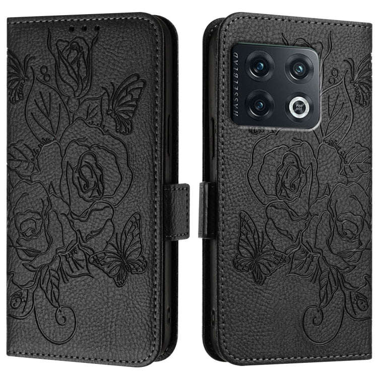 For OnePlus 10 Pro 5G Embossed Rose RFID Anti-theft Leather Phone Case(Black)