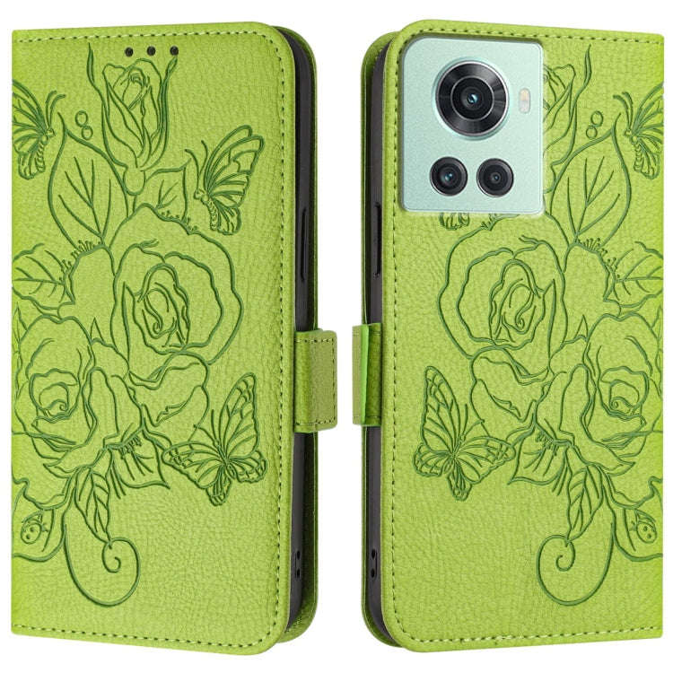 For OnePlus 10R / Ace / 10R Prime Embossed Rose RFID Anti-theft Leather Phone Case(Green)
