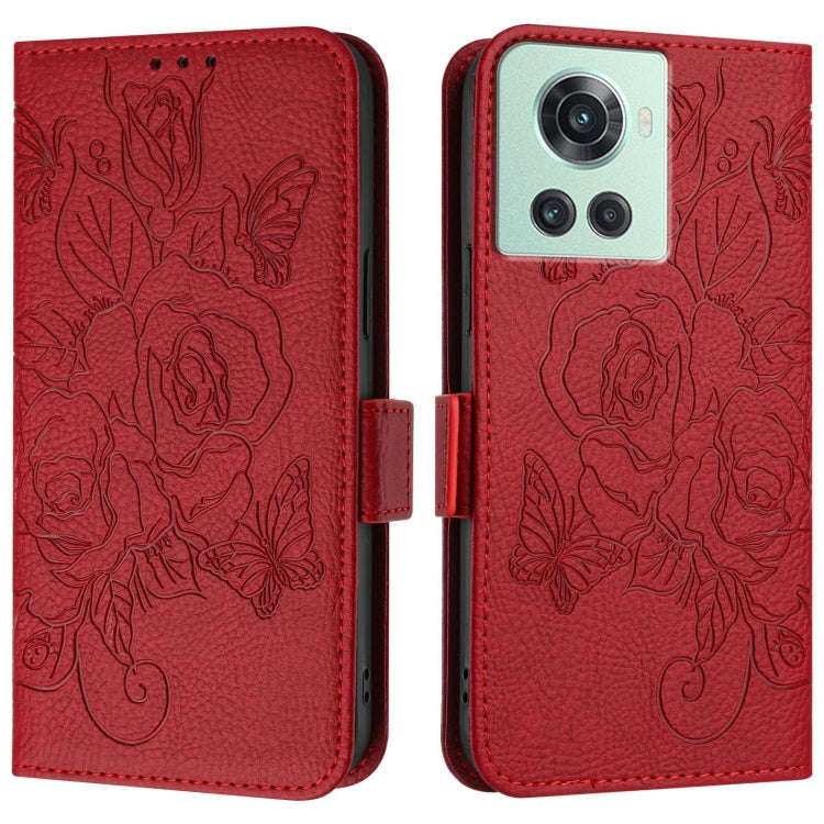 For OnePlus 10R / Ace / 10R Prime Embossed Rose RFID Anti-theft Leather Phone Case(Red)