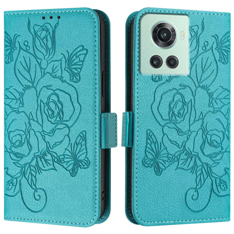 For OnePlus 10R / Ace / 10R Prime Embossed Rose RFID Anti-theft Leather Phone Case(Light Blue)