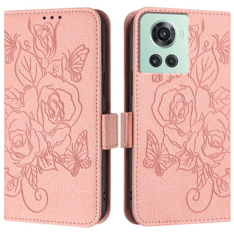 For OnePlus 10R / Ace / 10R Prime Embossed Rose RFID Anti-theft Leather Phone Case(Pink)