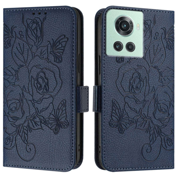 For OnePlus 10R / Ace / 10R Prime Embossed Rose RFID Anti-theft Leather Phone Case(Dark Blue)