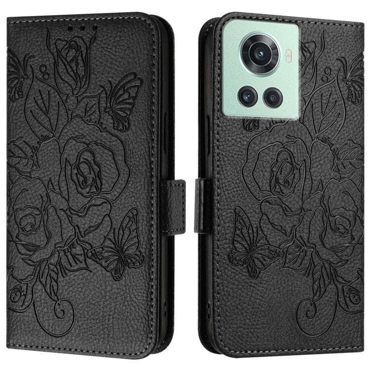 For OnePlus 10R / Ace / 10R Prime Embossed Rose RFID Anti-theft Leather Phone Case(Black)
