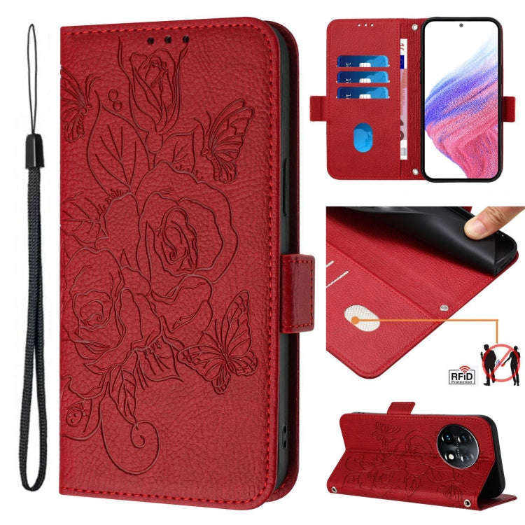 For OnePlus 11 Embossed Rose RFID Anti-theft Leather Phone Case(Red)
