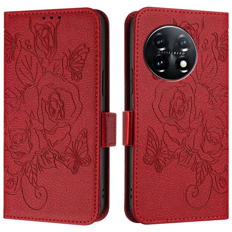 For OnePlus 11 Embossed Rose RFID Anti-theft Leather Phone Case(Red)