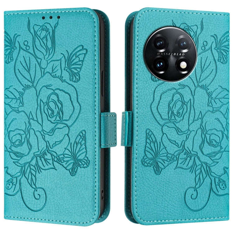 For OnePlus 11 Embossed Rose RFID Anti-theft Leather Phone Case(Light Blue)