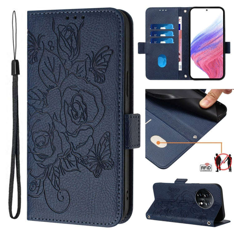 For OnePlus 11 Embossed Rose RFID Anti-theft Leather Phone Case(Dark Blue)