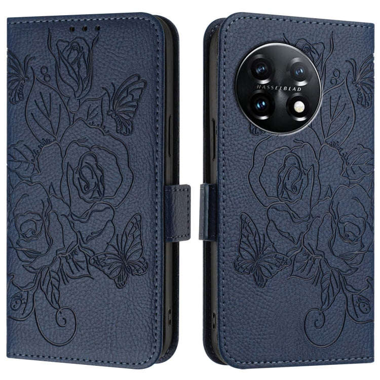 For OnePlus 11 Embossed Rose RFID Anti-theft Leather Phone Case(Dark Blue)