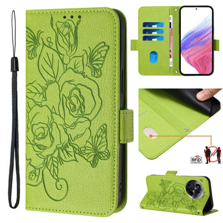 For OnePlus 12 5G Embossed Rose RFID Anti-theft Leather Phone Case(Green)