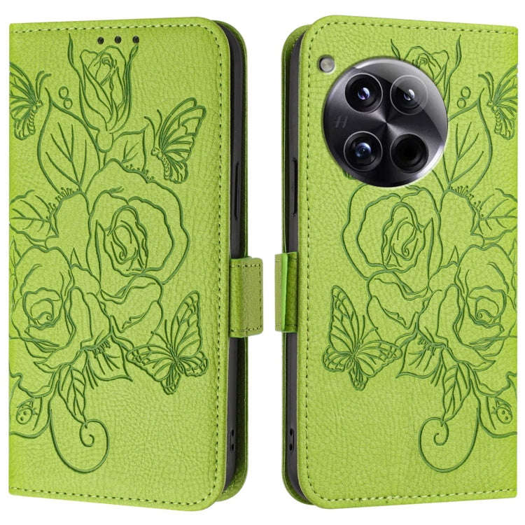 For OnePlus 12 5G Embossed Rose RFID Anti-theft Leather Phone Case(Green)