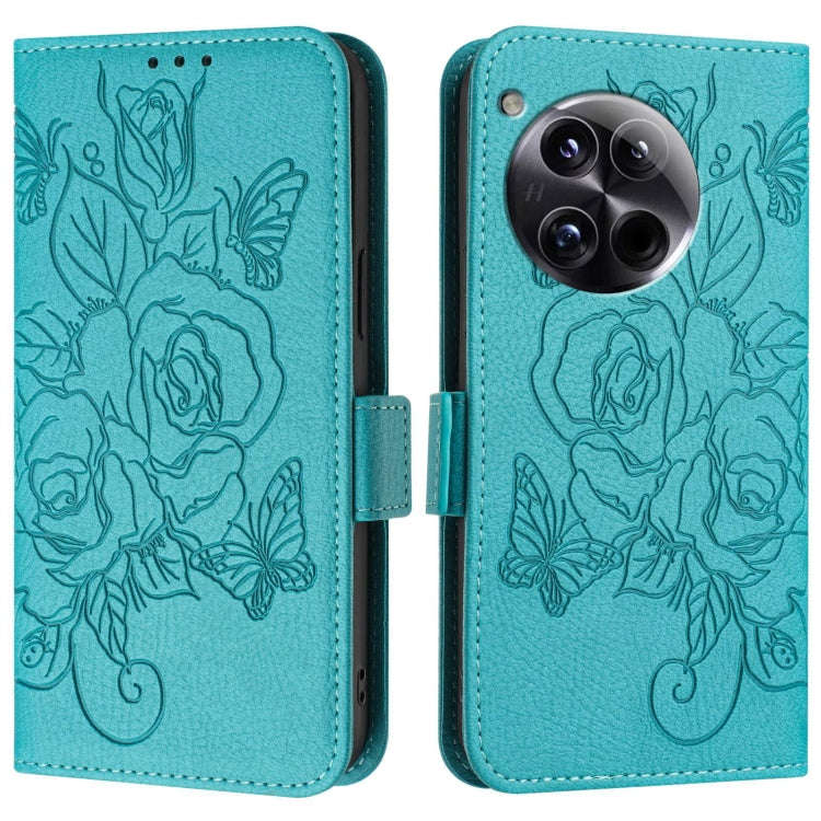 For OnePlus 12 5G Embossed Rose RFID Anti-theft Leather Phone Case(Light Blue)