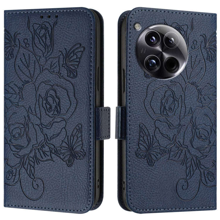 For OnePlus 12 5G Embossed Rose RFID Anti-theft Leather Phone Case(Dark Blue)