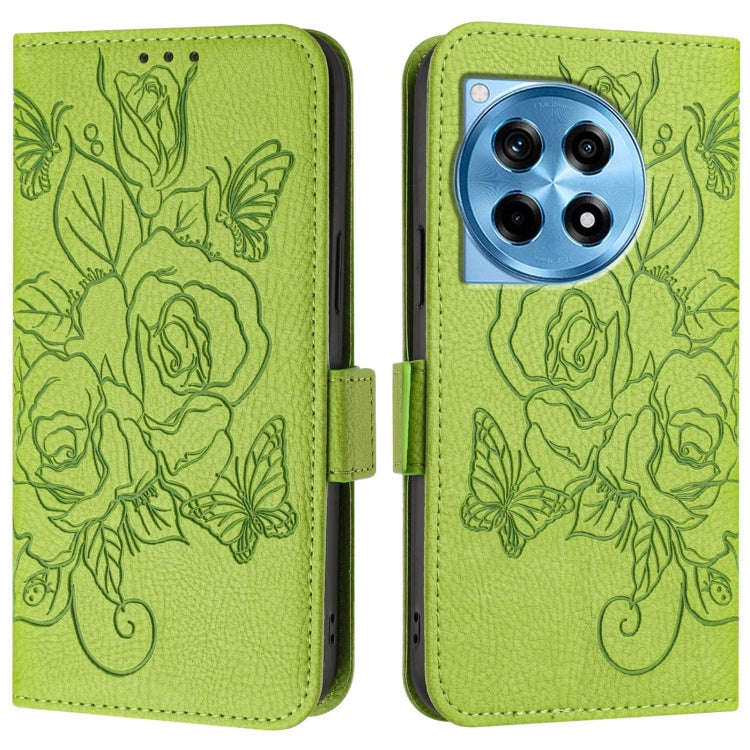 For OnePlus 12R 5G Embossed Rose RFID Anti-theft Leather Phone Case(Green)