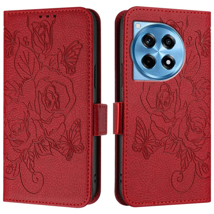 For OnePlus 12R 5G Embossed Rose RFID Anti-theft Leather Phone Case(Red)