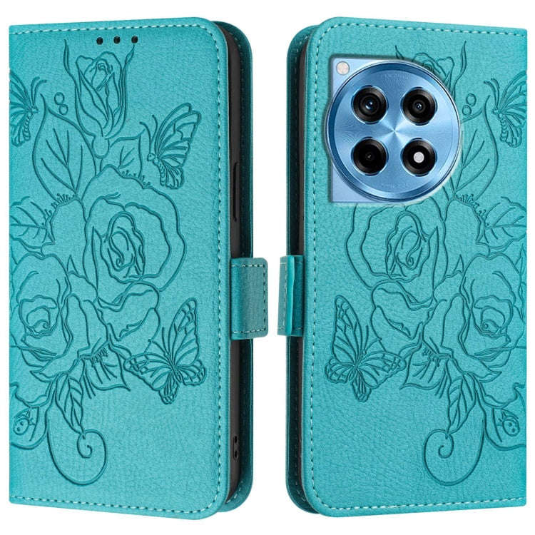 For OnePlus 12R 5G Embossed Rose RFID Anti-theft Leather Phone Case(Light Blue)