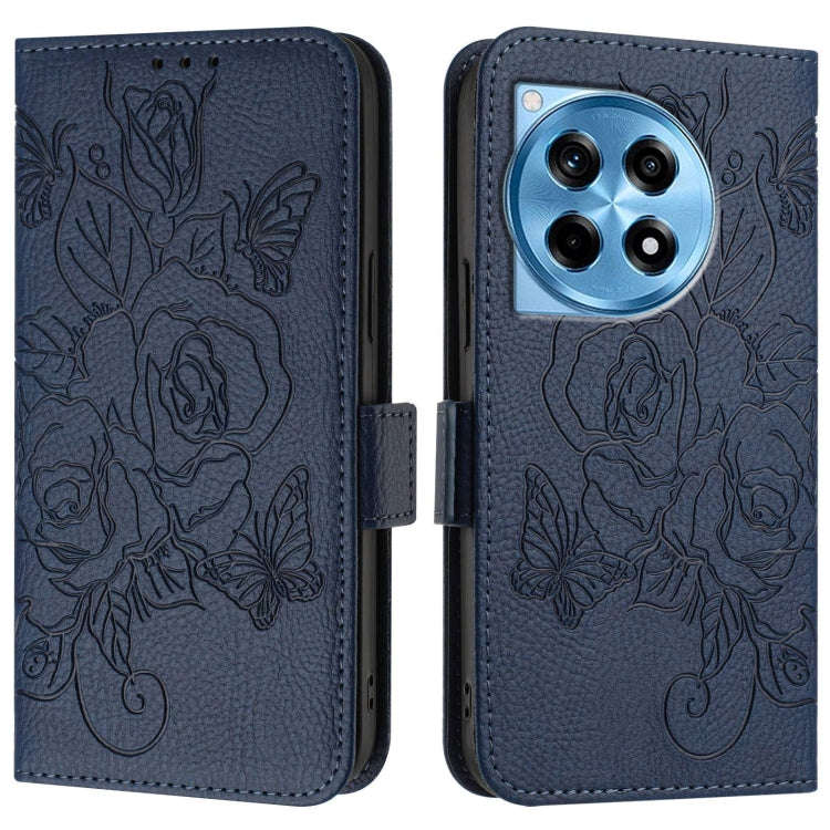 For OnePlus 12R 5G Embossed Rose RFID Anti-theft Leather Phone Case(Dark Blue)