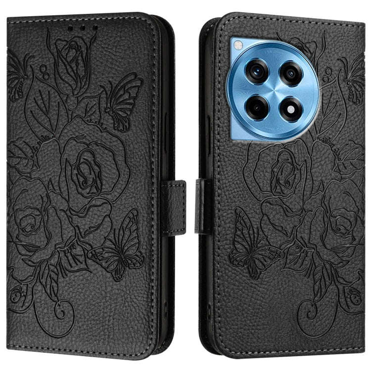 For OnePlus 12R 5G Embossed Rose RFID Anti-theft Leather Phone Case(Black)