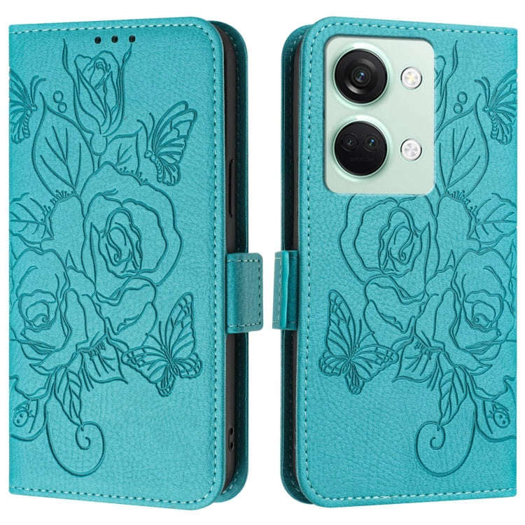 For OnePlus Ace 2V / Nord 3 Embossed Rose RFID Anti-theft Leather Phone Case(Light Blue)
