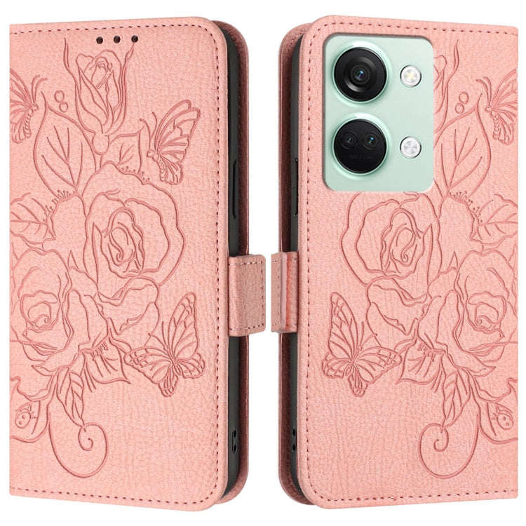 For OnePlus Ace 2V / Nord 3 Embossed Rose RFID Anti-theft Leather Phone Case(Pink)